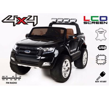Elektrické autíčko Ford Ranger Wildtrak 4X4 LCD Luxury, LCD obrazovka, Pohon 4x4, 2 x 12V, EVA kolesá, čalúnené sedadlo, 2,4 GHz DO, kľúč, 4 X MOTOR, Dvojmiestne, čierne , Bluetooth, USB, SD karta, ORGINAL licencia